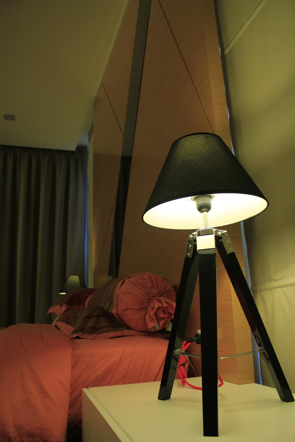 Contemporary, Landed, Bedroom, Cyberjaya, Interior Designer, Think Studio, Red, Orange, Bedside Table, Lamp, Table Lamp
