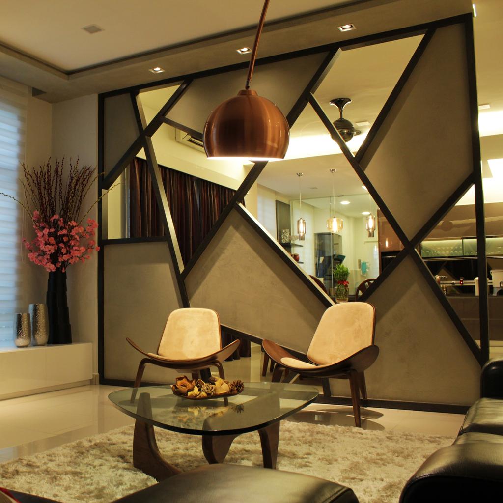 Contemporary, Landed, Living Room, Cyberjaya, Interior Designer, Think Studio, Mirror, Feature Wall, Dark Colours, Black, Chairs, Pendant Lamp, Pendant Lighting, Coffee Table, Carpet, Flowers, Plant, Vase, Chair, Furniture, Flora, Jar, Potted Plant, Pottery, Dining Room, Indoors, Interior Design, Room