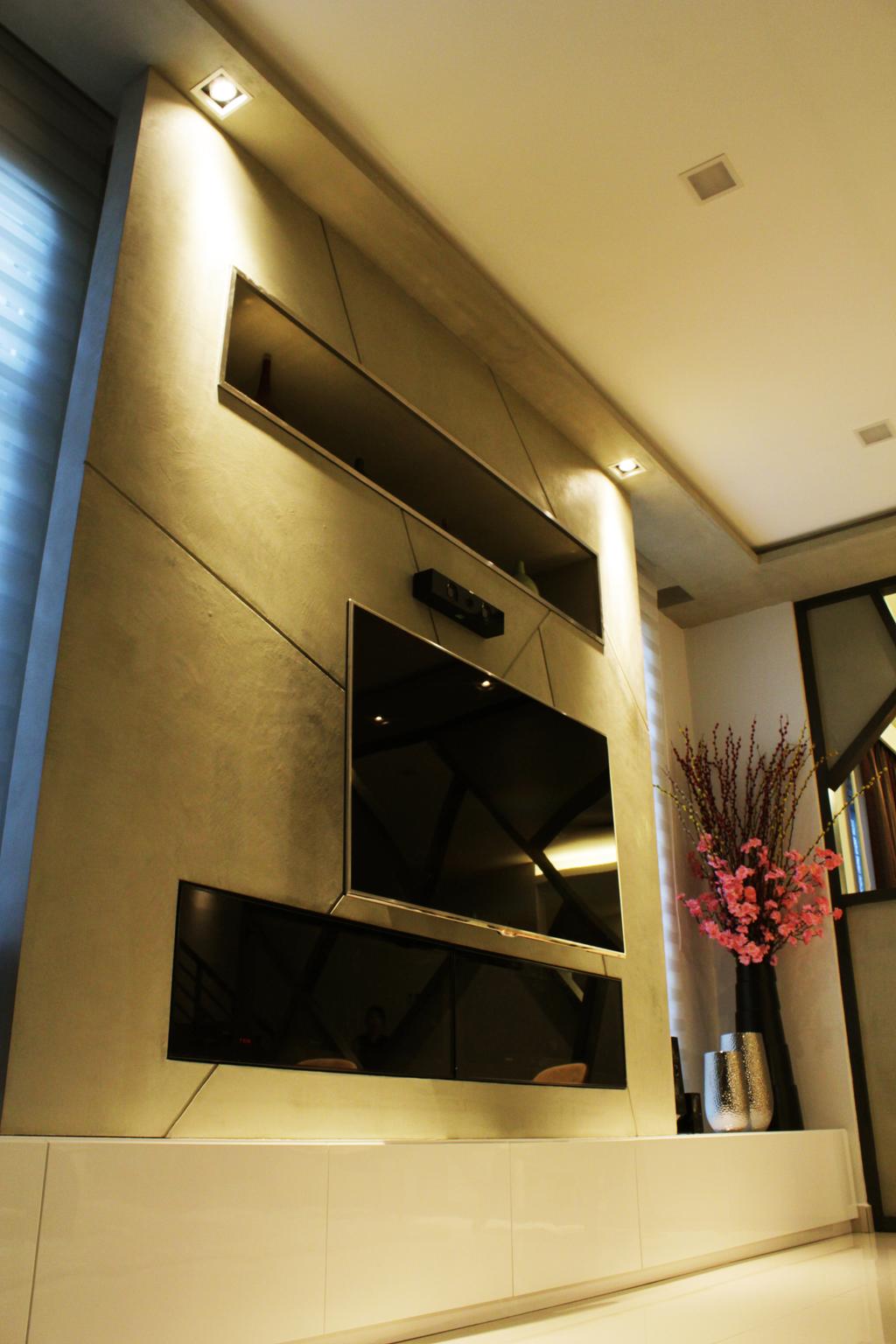 Contemporary, Landed, Living Room, Cyberjaya, Interior Designer, Think Studio, Tv Feature Wall, Tv, Tv Console, Tv Cabinet, Grey, Dark Colours, Feature Wall, Flora, Jar, Plant, Potted Plant, Pottery, Vase, Blossom, Flower, Flower Arrangement, Ornament