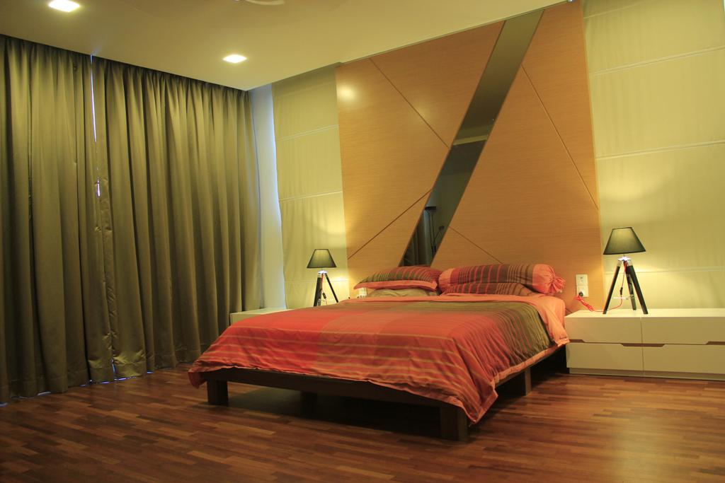 Contemporary, Landed, Bedroom, Cyberjaya, Interior Designer, Think Studio, Bed, Red, Orange, Bright Colours, Striking, Tv Feature Wall, Bedside Table, Table Lamp, Bedside Table Lamp, Wood Floor, Wooden Flooring, Parquet, Curtains, Feature Wall, Furniture, Flooring, Indoors, Interior Design, Hardwood, Wood