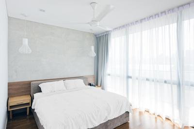 The Capers, Pocket Square, Minimalist, Bedroom, Condo, Simple, White, Clean, Pendant Light, Pendant Lamp, High Headboard, Bedside Table, Mini Ceiling Fan, Curtains, Bright, Natural Light, Indoors, Interior Design, Room, Bed, Furniture