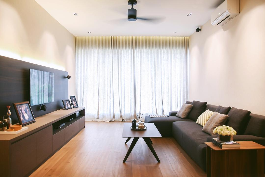 Tiara, JOW Architects, Modern, Living Room, Condo, Spin Fan, Black Ceiling Fan, Curtains, Day Curtains, Concealed Lighting, Cove Lighting, Fabric Sofa, Coffee Table, Centrepiece, Couch, Furniture, Electronics, Monitor, Screen, Tv, Television, Indoors, Room