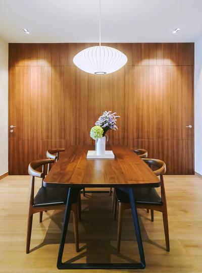 Tiara, JOW Architects, Modern, Dining Room, Condo, Hidden Storage, Laminates, Hanging Lights, Pendant Light, Wooden Coffee Table, Flower Centrepiece, Dark Wood, Chair, Furniture, Dining Table, Table, Flora, Jar, Plant, Potted Plant, Pottery, Vase, Indoors, Interior Design, Room, Blossom, Flower, Lilac