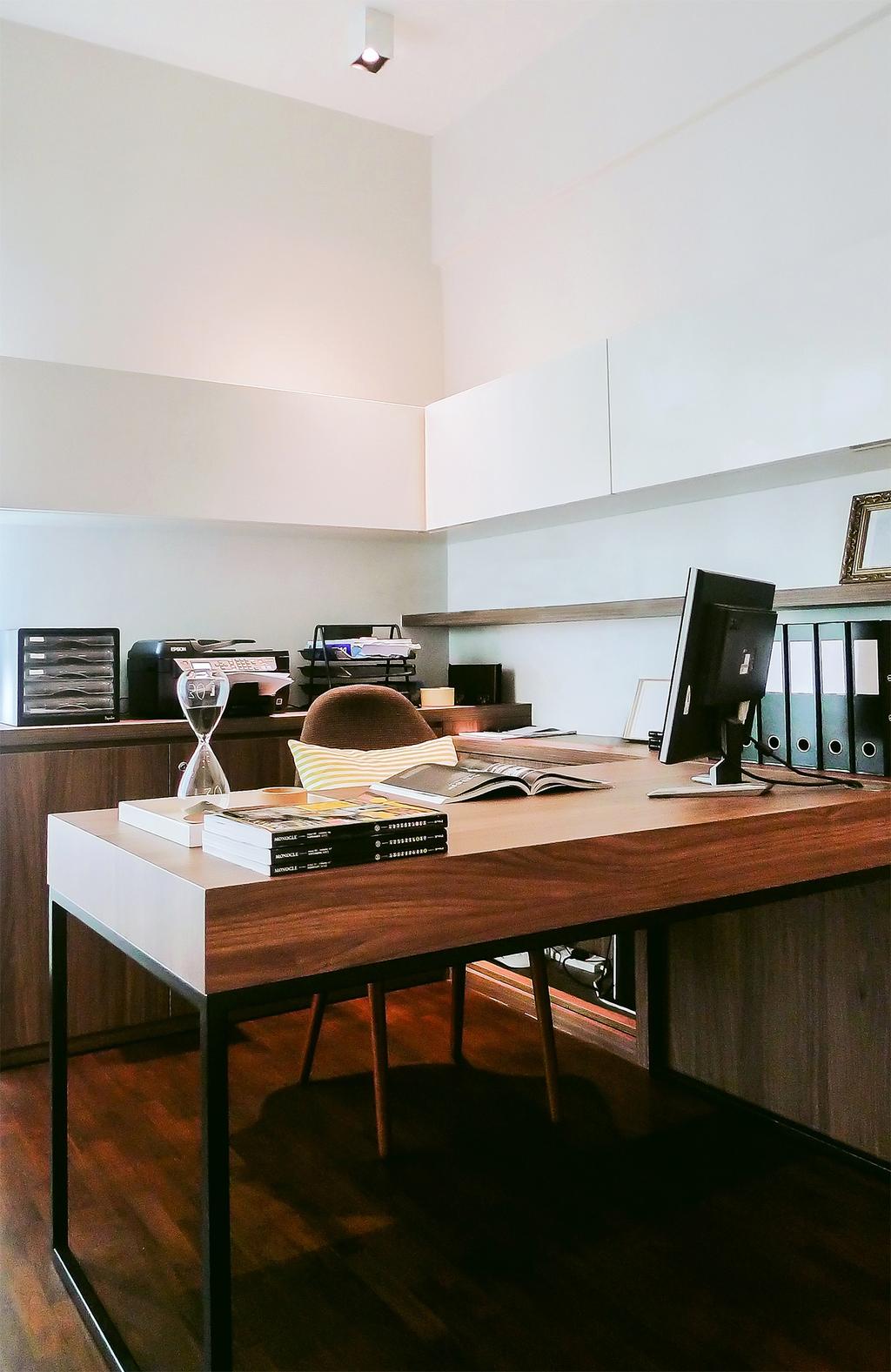 Modern, Condo, Study, Tiara, Architect, JOW Architects, Work Desk, Study Desk, Wooden Table, White Cabinet, White And Brown, Brown And White, Solid Wood, Thick Wood, Desk, Furniture, Table, Appliance, Electrical Device, Oven