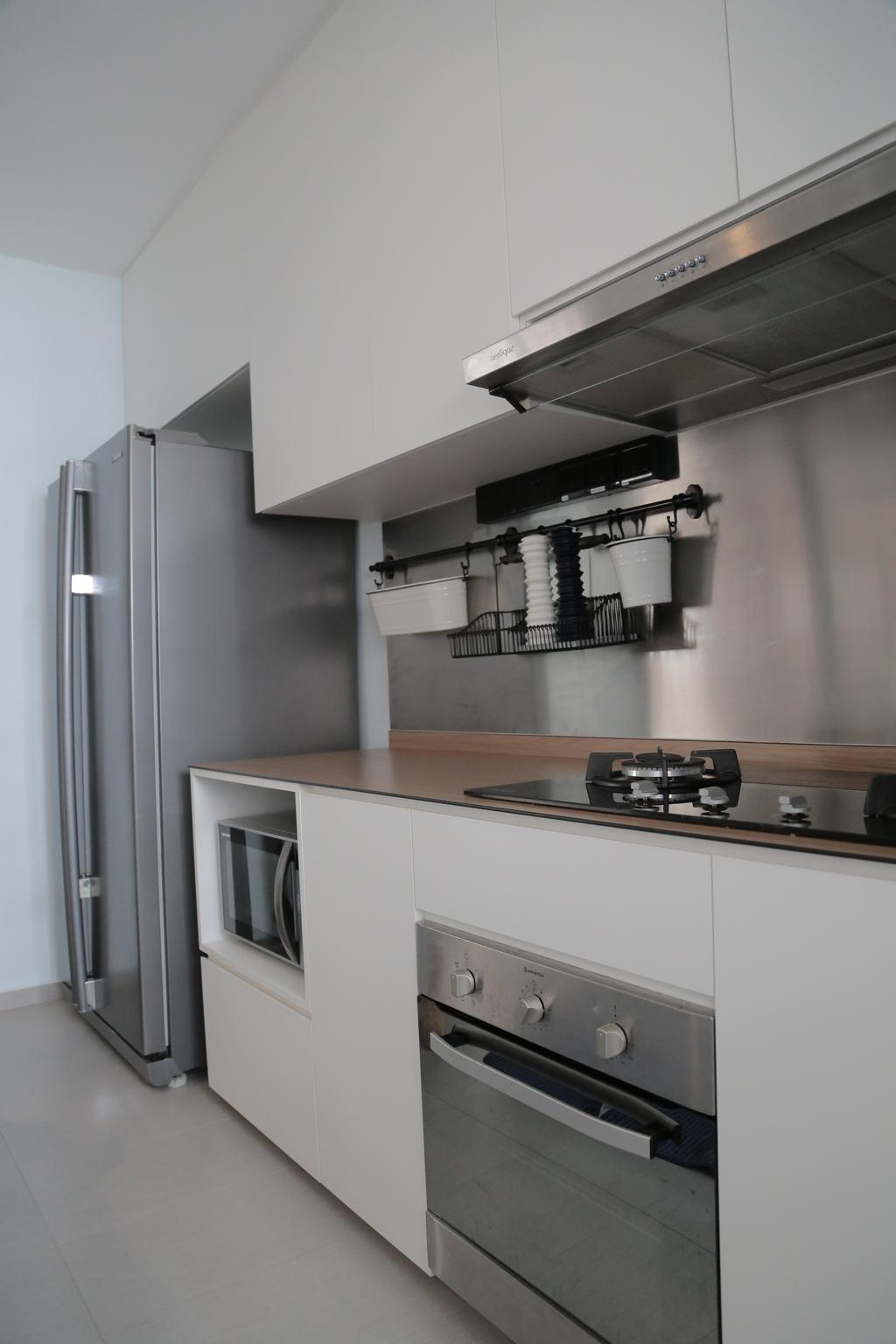 Contemporary, HDB, Kitchen, Clementi Avenue 6 (Block 206), Interior Designer, Forefront Interior, Kitchen Cabinets, Cabinetry, White Cabinet, Kitchen Rack, Utensils Rack, Refrigerator, Oven, Built In Oven, Exhaust Hood, Stove, Indoors, Interior Design, Room