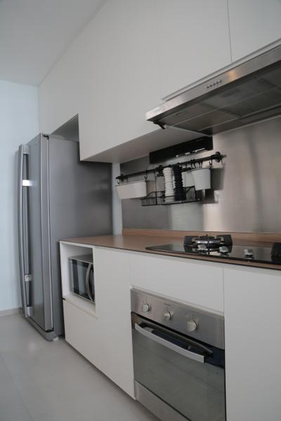 Clementi Avenue 6 (Block 206), Forefront Interior, Contemporary, Kitchen, HDB, Kitchen Cabinets, Cabinetry, White Cabinet, Kitchen Rack, Utensils Rack, Refrigerator, Oven, Built In Oven, Exhaust Hood, Stove, Indoors, Interior Design, Room