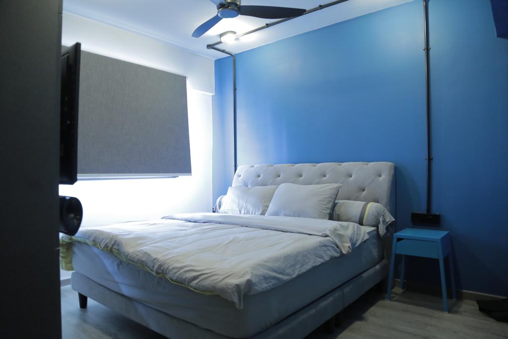 Contemporary, HDB, Bedroom, Clementi Avenue 6 (Block 206), Interior Designer, Forefront Interior, Blue, High Headboard, Bedside Table, Blinds, Roller Blinds, Mini Ceiling Fan, Striking Colour, Bed, Furniture