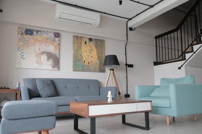 Clementi Avenue 6 (Block 206), Forefront Interior, Contemporary, Living Room, HDB, Wall Decor, Home Decor, Brown Coffee Table, Fabric Sofa, Couch, Sofa, Armchair, Stand Lamp, Painting, Aircon, Furniture, Lamp, Table Lamp, Indoors, Interior Design