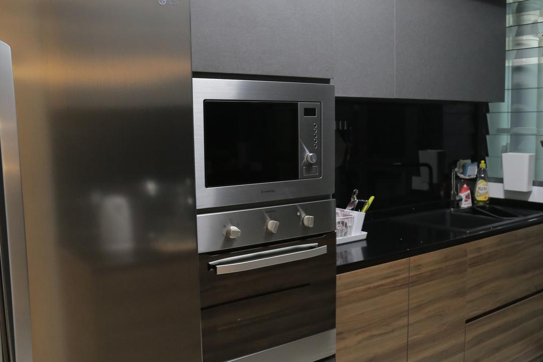 Punggol Walk (Block 310B), Forefront Interior, Transitional, Kitchen, HDB, Refrigerator, Kitchen Cabinets, Cabinetry, Oven, Microwave, Wood, Dark Wood, Grey, Safe