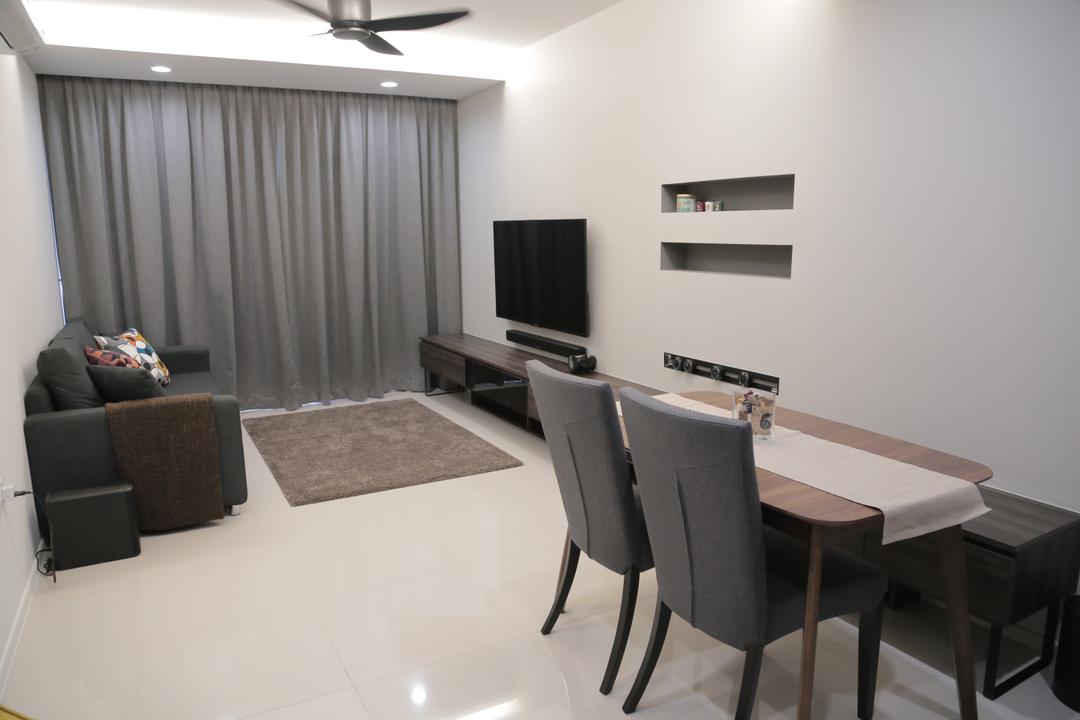 Punggol Walk (Block 310B), Forefront Interior, Transitional, Living Room, HDB, Dining Table, Dining Chairs, Sofa, Couch, Tv, Recessed Shelf, Wall Shelf, Tv Cabinet, Curtains, Grey, Mini Ceiling Fan, Concealed Lighting, Carpet, Simple, Shelf, Chair, Furniture, Electronics, Monitor, Screen, Television, Table, Dining Room, Indoors, Interior Design, Room, Conference Room, Meeting Room