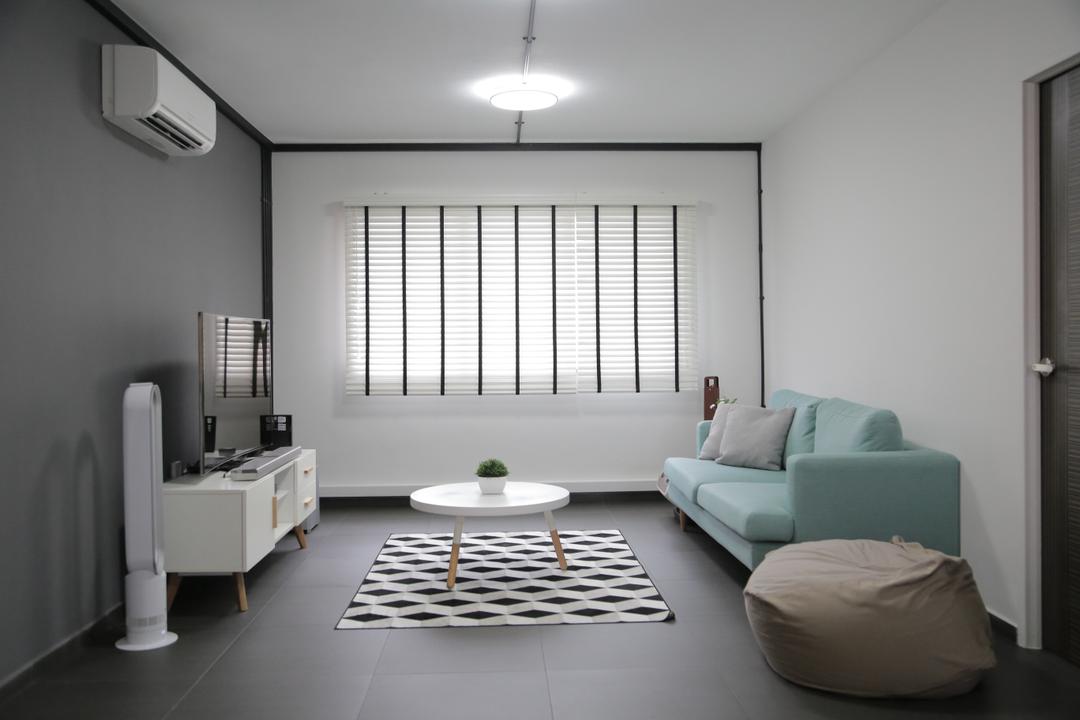 Tampines Street 45 (Block 491C), Forefront Interior, Minimalist, Living Room, HDB, Carpet, Venetian Blinds, Patterns, Blinds, Blue, Simple, Pastel Colour, Pastel, Aircon, Beanbag, Brown Coffee Table, Tv Cabinet, Sofa, Couch, Tv, Monochrome, Grey, Fabric Sofa, Clean, Indoors, Room, Office