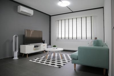 Tampines Street 45 (Block 491C), Forefront Interior, Minimalist, Living Room, HDB, Simple, Pastel, Blue, Couch, Sofa, Fabric Sofa, Tv, Tv Cabinet, Tv Console, Brown Coffee Table, Patterns, Aircon, Blinds, Venetian Blinds, Carpet, Grey, Chair, Furniture, Lighting, Indoors, Room