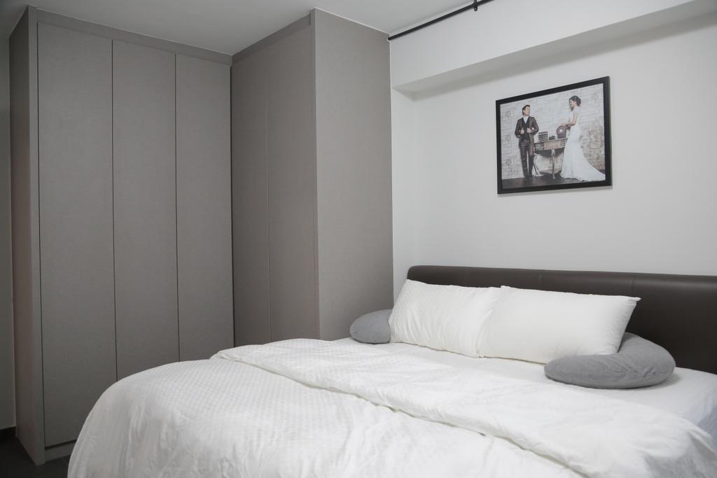 Minimalist, HDB, Bedroom, Tampines Street 45 (Block 491C), Interior Designer, Forefront Interior, High Headboard, Wood Wardrobe, Cabinetry, Photo Frame, Bed, White, White Bed, Clean, Simple, Furniture, Indoors, Interior Design, Room, Autograph, Handwriting, Signature, Text