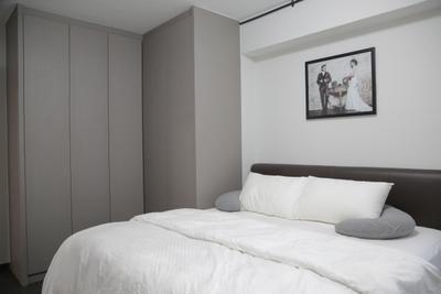 Tampines Street 45 (Block 491C), Forefront Interior, Minimalist, Bedroom, HDB, High Headboard, Wood Wardrobe, Cabinetry, Photo Frame, Bed, White, White Bed, Clean, Simple, Furniture, Indoors, Interior Design, Room, Autograph, Handwriting, Signature, Text
