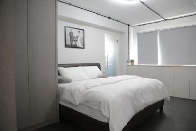 Tampines Street 45 (Block 491C), Forefront Interior, Minimalist, Bedroom, HDB, Bed, Simple, Clean, White, Photo Frame, Photo, Headboar, Cosy, Blinds, Roller Blinds, White Kitchen Cabinets, Cabinetry, Wood Wardrobe, Indoors, Interior Design, Room, Art, Art Gallery