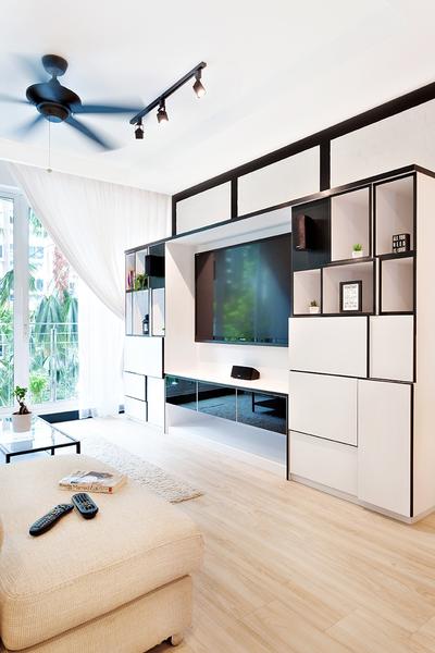 The Esparis, Icon Interior Design, Contemporary, Living Room, Condo, Full Height Cabinet, Storage, Black And White, White And Black, Black Trimmings, Curtains, Light Wood, Oak, Wood Flooring, Cream, Neutrals, Fabric Sofa, Airy, Collage, Poster, Curtain, Home Decor, Shower Curtain, White Board