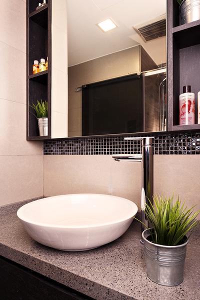 The Esparis, Icon Interior Design, Contemporary, Bathroom, Condo, Vanity Sink, Vanity Counter, Potted Plants, Black And White, Classic, Flora, Jar, Plant, Potted Plant, Pottery, Vase, Bottle, Indoors, Interior Design, Room