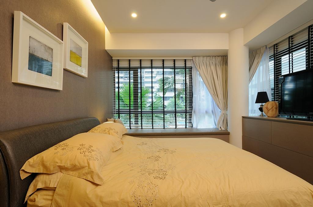 Contemporary, Condo, Bedroom, NV Residences, Interior Designer, Icon Interior Design, Bay Window, Window Seat, Window Ledge, Padded Ledge, Curtains, Blinds, Bed Frame, Grey Wall, Grey, Dark, Cosy, Tv On Ledge, Bed, Furniture, HDB, Building, Housing, Indoors, Reception, Interior Design, Room