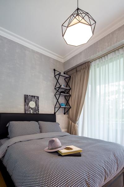 Sentosa Cove, Icon Interior Design, Vintage, Bedroom, Condo, Pendant Lamp, Wall Shelf, Gingham Sheets, Curtains, Bed Frame, Pendant Light, Grey, Indoors, Interior Design, Room, Chair, Furniture