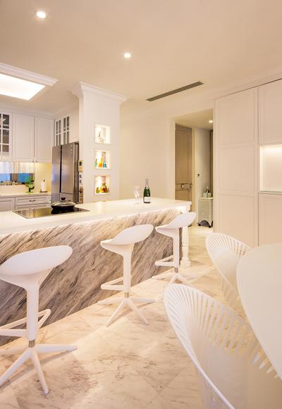 Sentosa Cove, Icon Interior Design, Vintage, Kitchen, Condo, Marble Countertop, White Marble Floor, Rich, Luxe, Elegant, Sophisticated, Bar Stool, White, Cream, Neutrals, Open Concept, Open Layout, Chair, Furniture, Dining Table, Table, Indoors, Interior Design