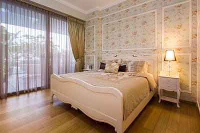 Sentosa Cove, Icon Interior Design, Vintage, Bedroom, Condo, Wainscoting Panels, Bedside Lamp, Bedside Table, Old English, French, Wallpaper, Wallpaper Motifs, Curtains, Bed Frame, White, Cream, Neutrals, Rose, Feminine, Bed, Furniture, Indoors, Interior Design, Room