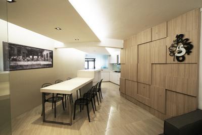 Hougang, Metamorph Design, Modern, Dining Room, HDB, Tv Feature Wall, Parquet, Clock, Dining Table, Table, Chair, Painting, Concealed Lighting, False Ceiling, Feature Wall, Furniture, Indoors, Room, Calligraphy, Handwriting, Text, Interior Design