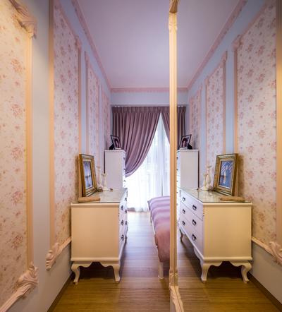 Sentosa Cove, Icon Interior Design, Vintage, Bedroom, Condo, Motifs, Old English, French Inspired, Wallpaper, Trimmings, Wainscoting Panels, Wall Mirror, Floral, Feminine, Drawer Chest, Indoors, Interior Design, Room