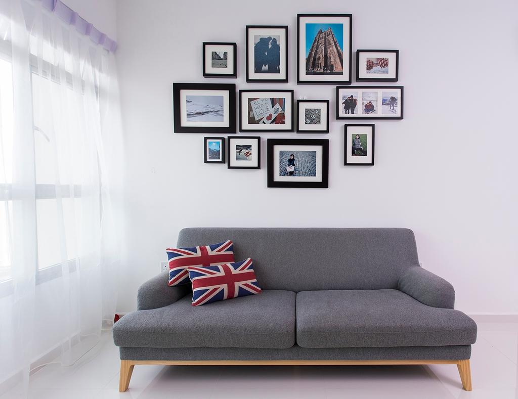 Scandinavian, HDB, Living Room, Punggol Ripples (Block 211A), Interior Designer, Icon Interior Design, Leather Sofa, Day Curtains, Airy, Poster Frames, Gallery Wall, Cushion, Home Decor