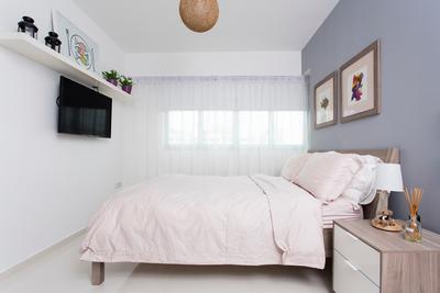 Punggol Ripples (Block 211A), Icon Interior Design, Scandinavian, Bedroom, HDB, Ledge, Cool Grey, Storage, Simple, Bedside Cabinet, Neutrals, Display, Plain, Grey Wall, Basic, Airy, Grey, Tv Mount, White, Molding, Bed, Furniture, Indoors, Interior Design, Room
