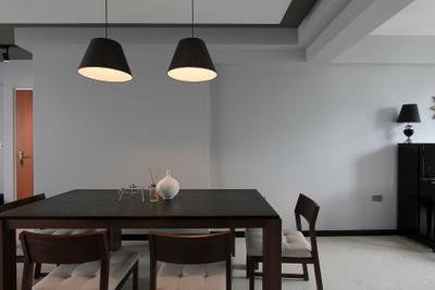 Punggol Way (Block 264A), Icon Interior Design, Contemporary, Dining Room, HDB, Cushioned Seats, Dining Table, Dim, Dark Wood, Pendant Lights, Grey, Furniture, Table, Lamp, Lampshade, Indoors, Interior Design, Room, Chair