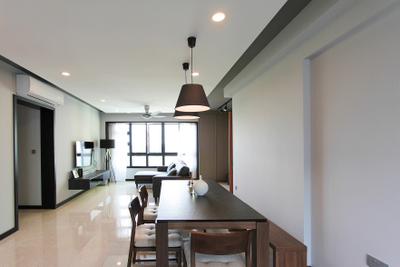 Punggol Way (Block 264A), Icon Interior Design, , Dining Room, , Wood Dining Table, Black, Dark Brown, Bench, Dining Bench, Pendant Lights, Linear Layout, Dining Table, Furniture, Table, Indoors, Interior Design, Room, Chair, Building, Housing, Loft, Lamp