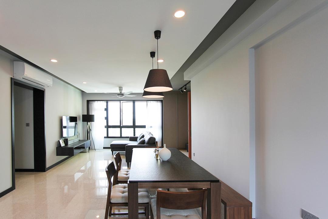 Punggol Way (Block 264A), Icon Interior Design, Contemporary, Dining Room, HDB, Wood Dining Table, Black, Dark Brown, Bench, Dining Bench, Pendant Lights, Linear Layout, Dining Table, Furniture, Table, Indoors, Interior Design, Room, Chair, Building, Housing, Loft, Lamp