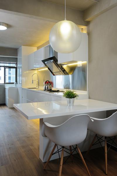Upper Cross Street (Block 532), Icon Interior Design, Contemporary, Kitchen, HDB, Open Concept, Open Layout, White Cabinet, No Walls, Dining Table, Furniture, Table, Glasses