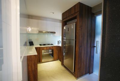 Kim Tian, Metamorph Design, Transitional, Kitchen, HDB, Compact, Frosted Door, Wood Laminate, Wood, Laminates, White Kitchen Cabinets, Kitchen Countertop, White Marble Floor, Corridor, Appliance, Electrical Device, Oven, Building, Housing, Indoors