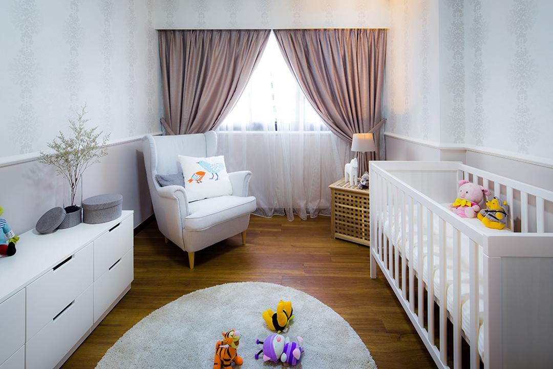 Punggol Topaz, Icon Interior Design, Modern, Bedroom, HDB, Nursery, Infants Room, Babys Room, Baby Cot, Cot, Pink Curtains, Wallpaper, White, Airy, Simple, Classic, Armchair, White Armchair, Kids Room, Kids Room, Round Rug, Playmat, Indoors, Room, Crib, Furniture, Chair