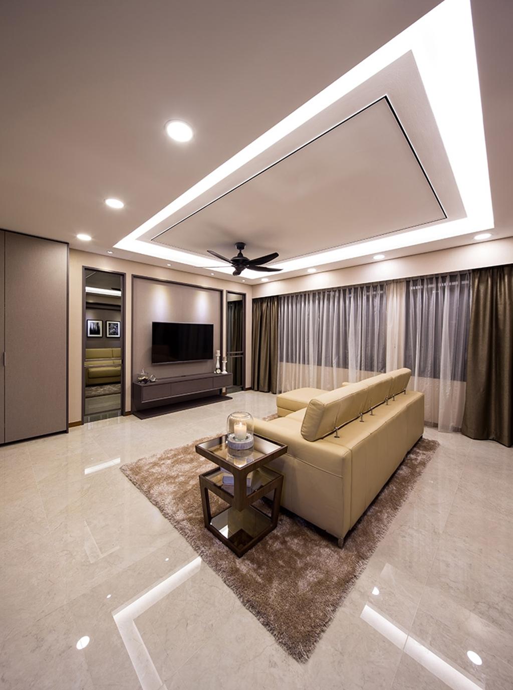 Modern, HDB, Living Room, Punggol Topaz, Interior Designer, Icon Interior Design, White Light, Reflective Flooring, Reflective Surface, Tiles, Area Rug, False Ceiling, Cove Lighting, Spacious, Couch, Furniture, Indoors, Interior Design, Room, Coffee Table, Table, Dining Table