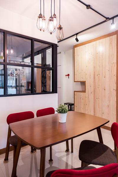 Sengkang East, Icon Interior Design, Scandinavian, Dining Room, HDB, Wood Dining Table, Dining Chairs, Potted Plants, Hanging Lights, Pendant Lights, Industrial Lamps, Half Hack Partition, Flora, Jar, Plant, Potted Plant, Pottery, Vase, Indoors, Interior Design, Room