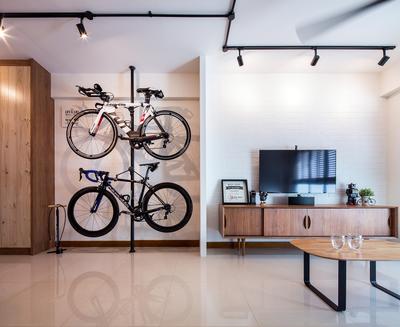 Sengkang East, Icon Interior Design, Scandinavian, Living Room, HDB, Bicycle Rack, Bicycle Wall Mount, Vertical Wall Storage, Bicycle On Wall, Bicycle Storage, Bike Storage, Bike, Black Track Lights, Vertical Storage, Bicycle, Transportation, Vehicle, Indoors, Interior Design, Dining Table, Furniture, Table, Mountain Bike