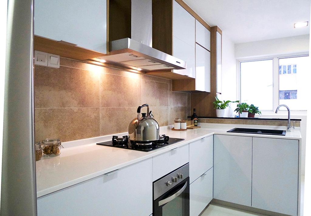 Transitional, HDB, Kitchen, Tampines, Interior Designer, Icon Interior Design, Tiles, Brown Tiles, White Countertop, Kitchen Countertop, White Cabinet, Stove, Hob, Hood, L Shaped Kitchen Layout, Appliance, Electrical Device, Oven, Indoors, Interior Design, Room