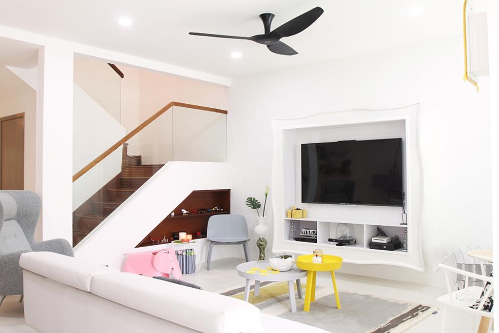 Minimalist, Landed, Living Room, Clover Way, Interior Designer, Icon Interior Design, Stairs, Tv Flushed To Wall, Bench, White, Colours, Yellow, Mini Ceiling Fan, Haiku Fan, HDB, Attic, Building, Housing, Indoors, Loft, Dining Table, Furniture, Table, Electronics, Entertainment Center