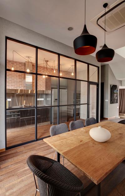Surin Villas, Icon Interior Design, Industrial, Dining Room, Landed, Tom Dixon, Hanging Lights, Wooden Table, Cushion Seats, Wood Flooring, Black Framed Partitions, Glass Partition, Couch, Furniture