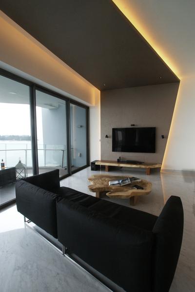 Seascape, Metamorph Design, Modern, Living Room, Condo, Concealed Lighting, False Ceiling, False Wall, Full Length Window, Balcony, Seaview, Sofa, Chair, Brown Coffee Table, Table, Tv Console, Wood, Laminates, Wood Laminate, Woodwork, White Marble Floor, Couch, Furniture