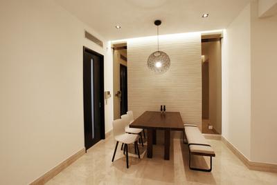 The Tessarina, Metamorph Design, , Dining Room, , Pendant Light, Hanging Light, Lighting, Full Length Mirror, Bench, Chair, Dining Table, Table, Woodwork, Wood Laminate, Wood, Laminates, White Marble Floor, Mirror, Concealed Lighting, Beige, Stacco Wall, Raw, Furniture, Indoors, Interior Design, Room