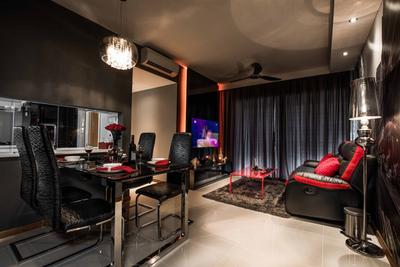 A Treasure Trove, Mr Shopper Studio, Traditional, Living Room, Condo, Dark Colours, Mysterious, Black, Black Curtains, Plush Rug, Opulent, Area Rug, Brown Leather Sofa, Chandelier, Black And Red, Floor Lamp, Majestic, Chair, Furniture, Brewery, Building, Factory, Lighting