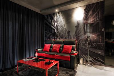 A Treasure Trove, Mr Shopper Studio, Traditional, Living Room, Condo, Wall Mural, Black And Red, Black And White, Photo Wall, Big Wall Sticker, Red Coffee Table, Chair, Furniture, Couch