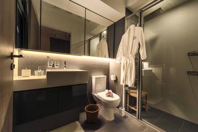 Pasir Ris One, Mr Shopper Studio, Contemporary, Modern, Bathroom, HDB, Vanity Cabinet, Tiles, Glass Partition, Masculine, Grey, Toilet, Cup