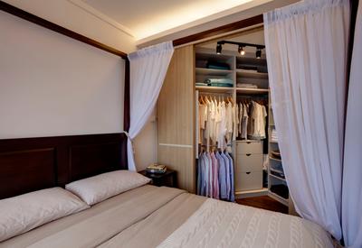 Depot Road, Liid Studio, Scandinavian, Bedroom, HDB, Walk In Wardrobe, Wood Wardrobe, White Kitchen Cabinets, Dressing Area, Bedroom Curtain, Poster Bed, Divider, Modular System, Fabric, Curtain Divider, 4 Poster Bed, Indoors, Room, Bed, Furniture