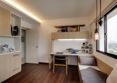 Depot Road, Liid Studio, Scandinavian, Study, HDB, Wood Accents, Light Wood, Shades Of Brown, Laminates, Couch, Daybed, Reading Nook, Reading Corner, Hanging Lights, Hanging Bulbs, Simple, Carpentry Shelving