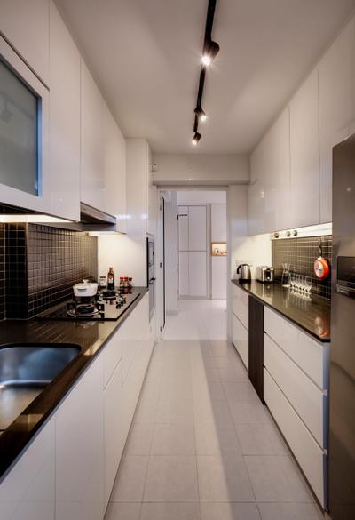 Anchorvale Street, Liid Studio, Modern, Kitchen, HDB, Gallery Kitchen, Black Track Lights, Parallel, Linear Layout, Narrow Layout, Tiles, White, Monochrome, Black Countertop, White Sink Countertop, Indoors, Interior Design, Room