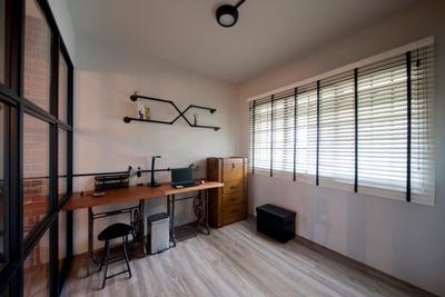 Pasir Ris (Block 561), Aart Boxx Interior, Eclectic, Industrial, Study, HDB, Study Table, Work Desk, Laptop, Chairs, Stools, Drawers, Cabinetry, Wall Shelf, Blinds, Venetian Blinds, Flooring, Dining Room, Indoors, Interior Design, Room, Dining Table, Furniture, Table